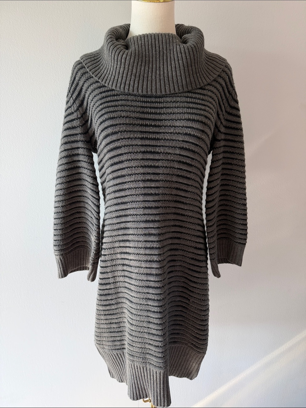 London Style Gray Ribbed Cowl Neck Sweater Dress